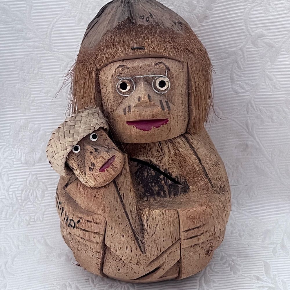 Vintage Hand Carved Coconut Monkey Bank Baby with Straw‎ Hat and Glasses 10"
